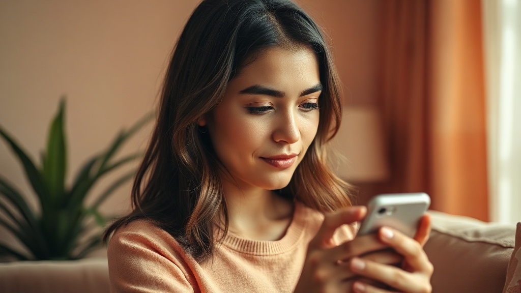 Młoda osoba z czystą cerą sprawdza telefon w domu