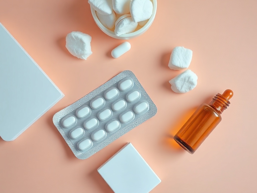 Preparaty dermatologiczne ułożone na jasnym tle